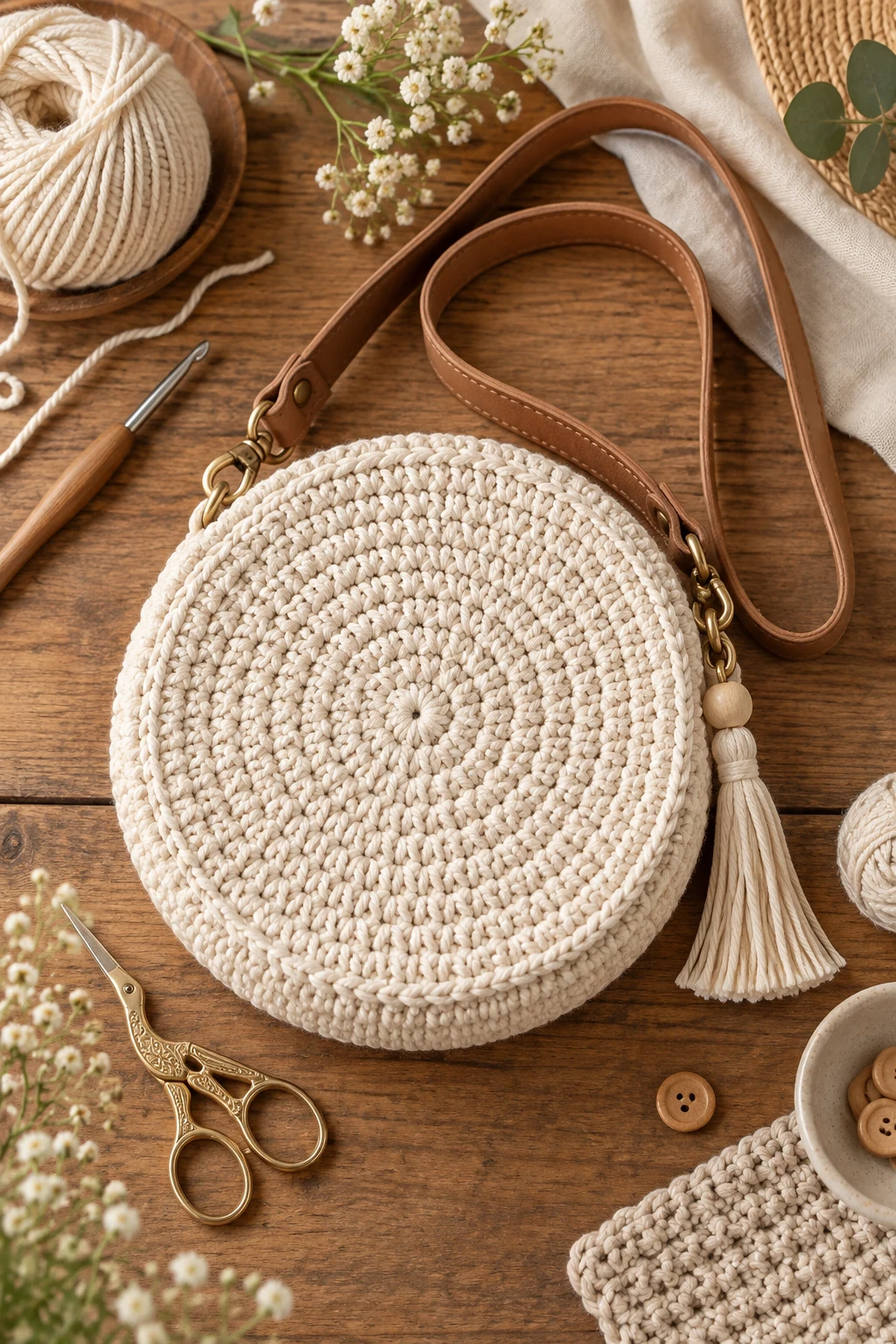 Classic Cream Circle Bag — crochet round bag style outfit