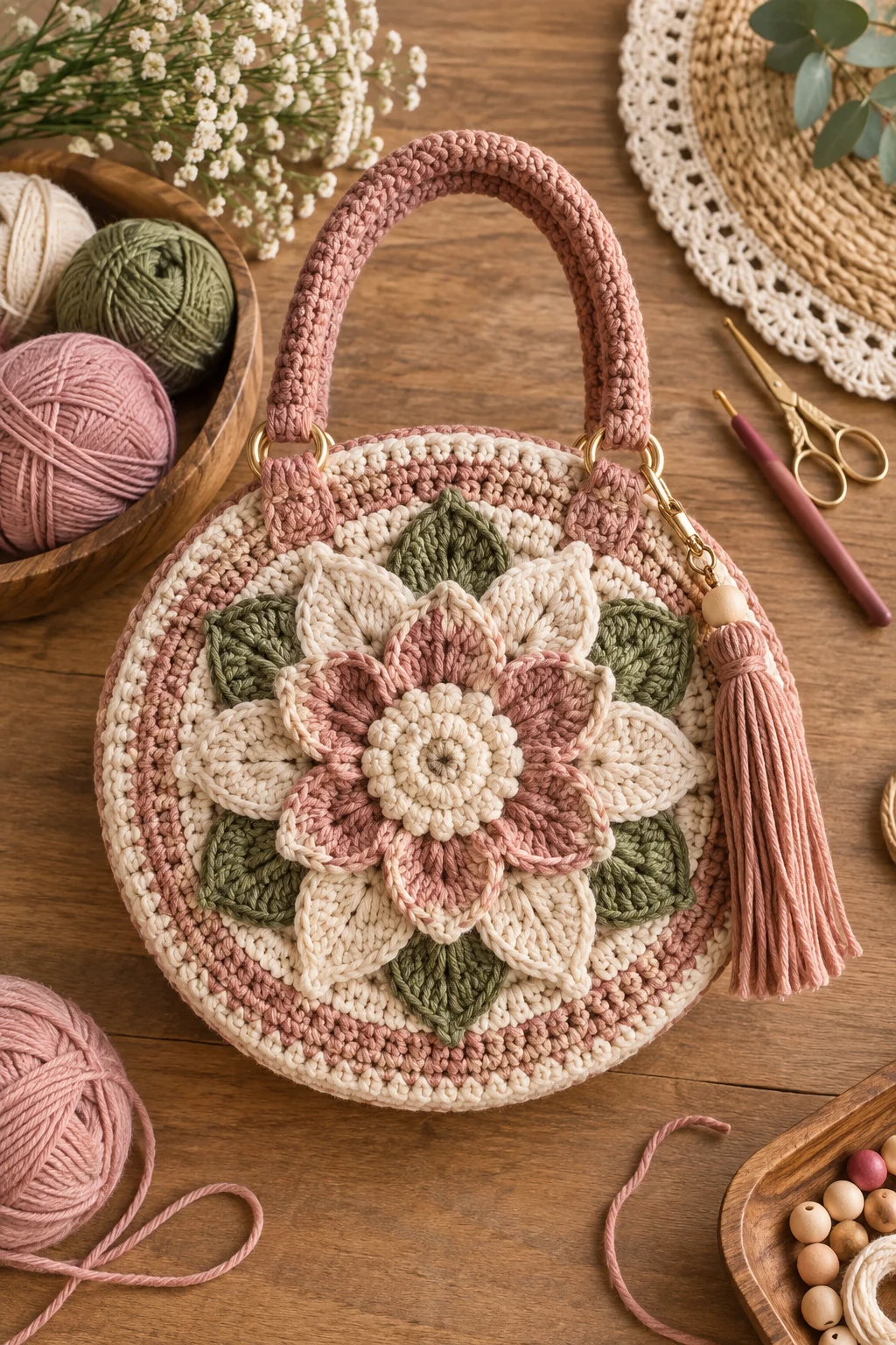 Floral Center Crochet Bag — crochet round bag style outfit