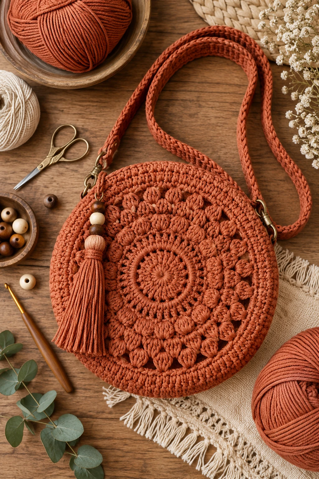 Terracotta Boho Bag — crochet round bag style outfit