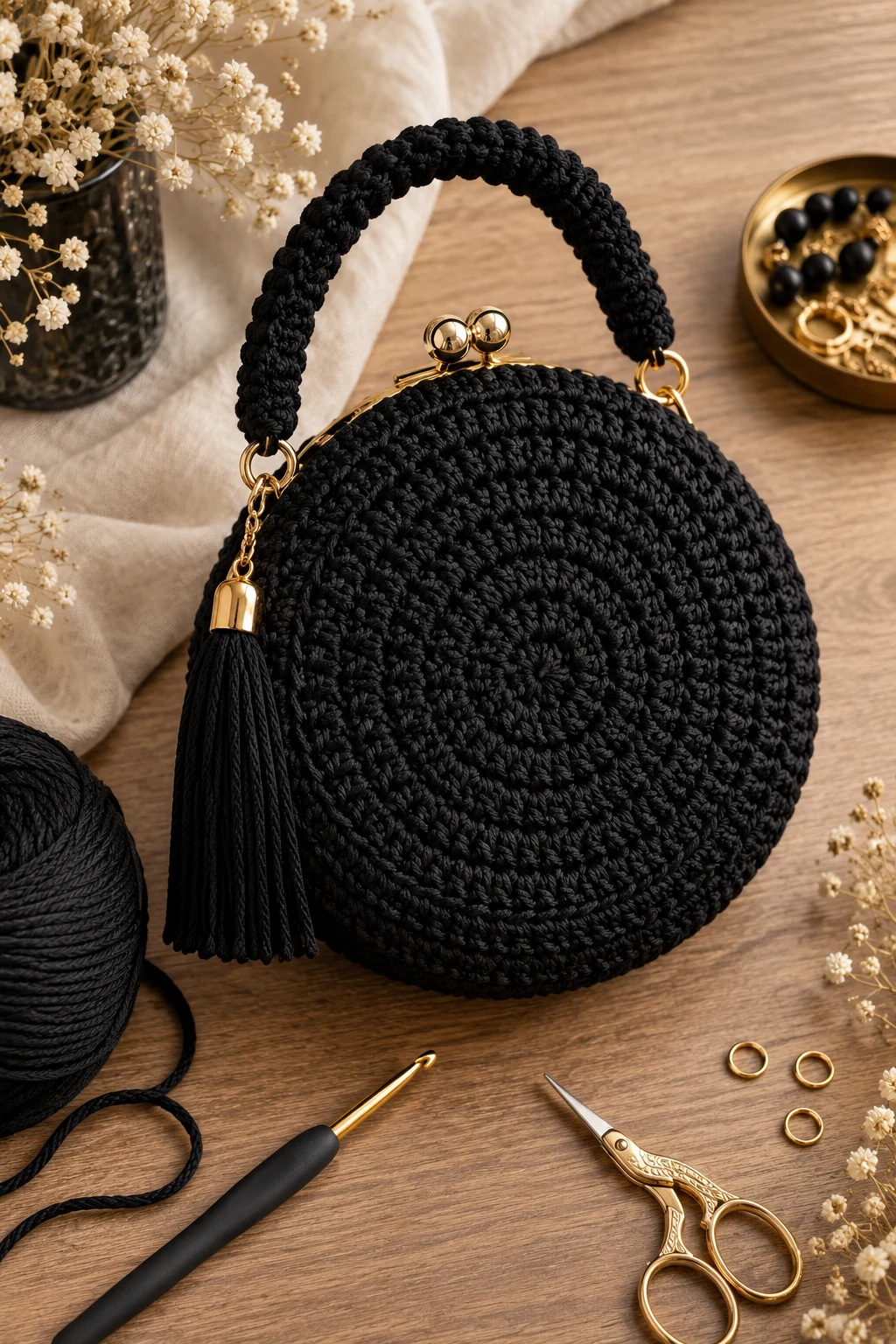 Black Evening Circle Bag — crochet round bag style outfit