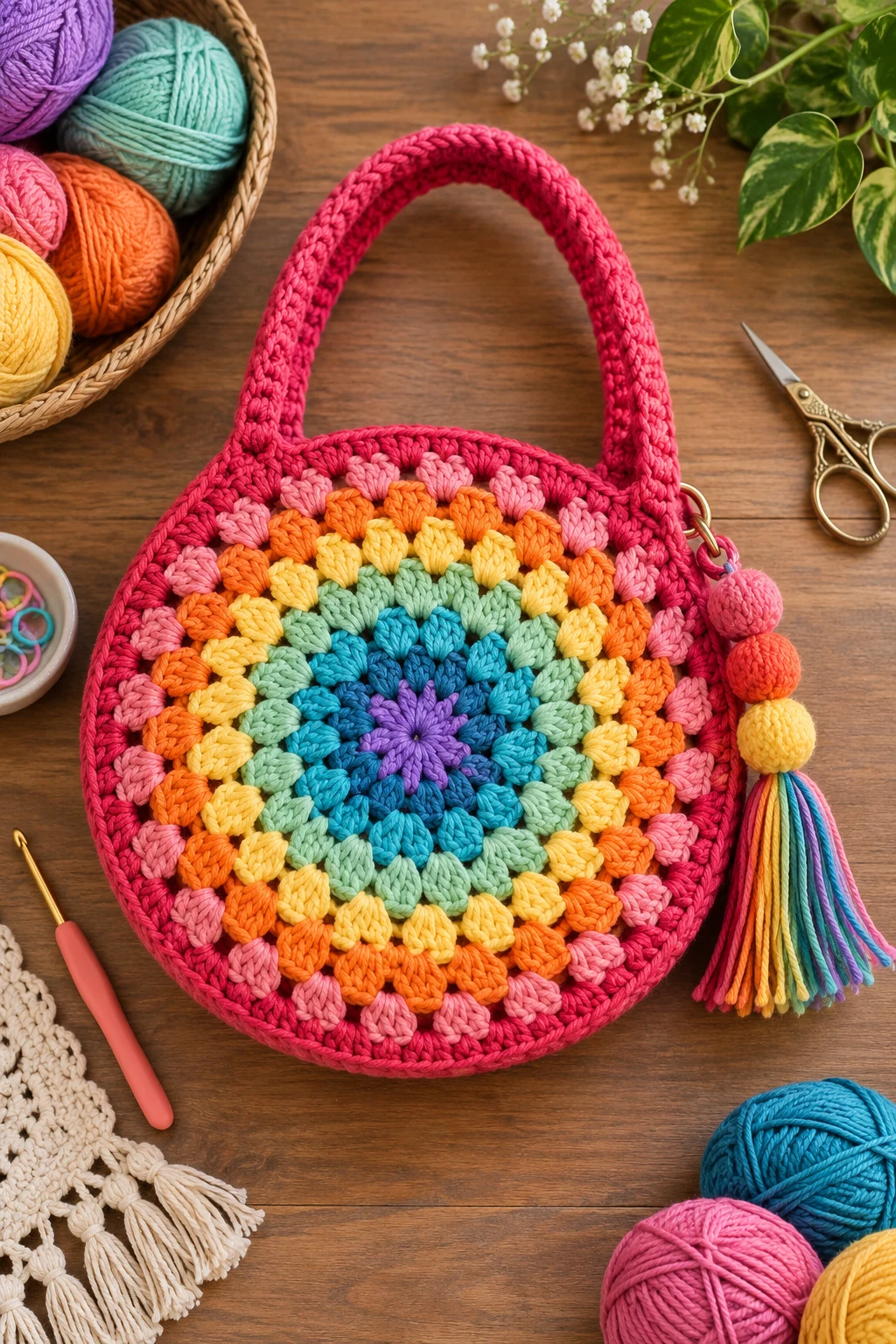 Rainbow Granny Circle Bag — crochet round bag style outfit