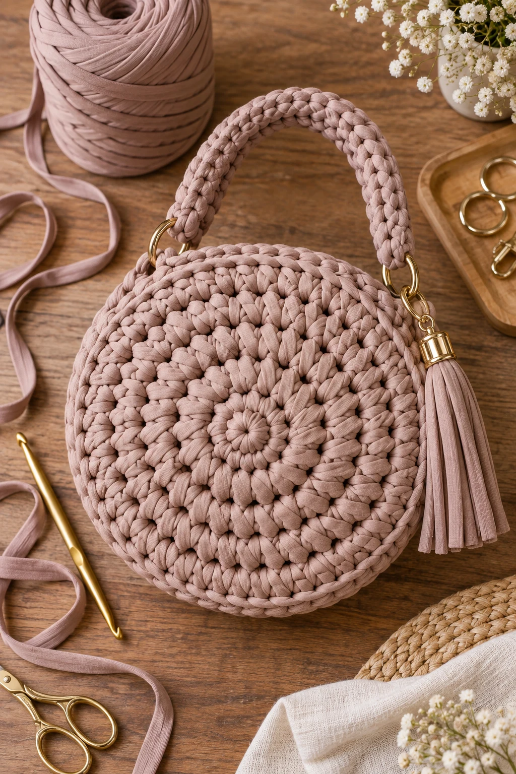 T-Shirt Yarn Statement Bag — crochet round bag style outfit