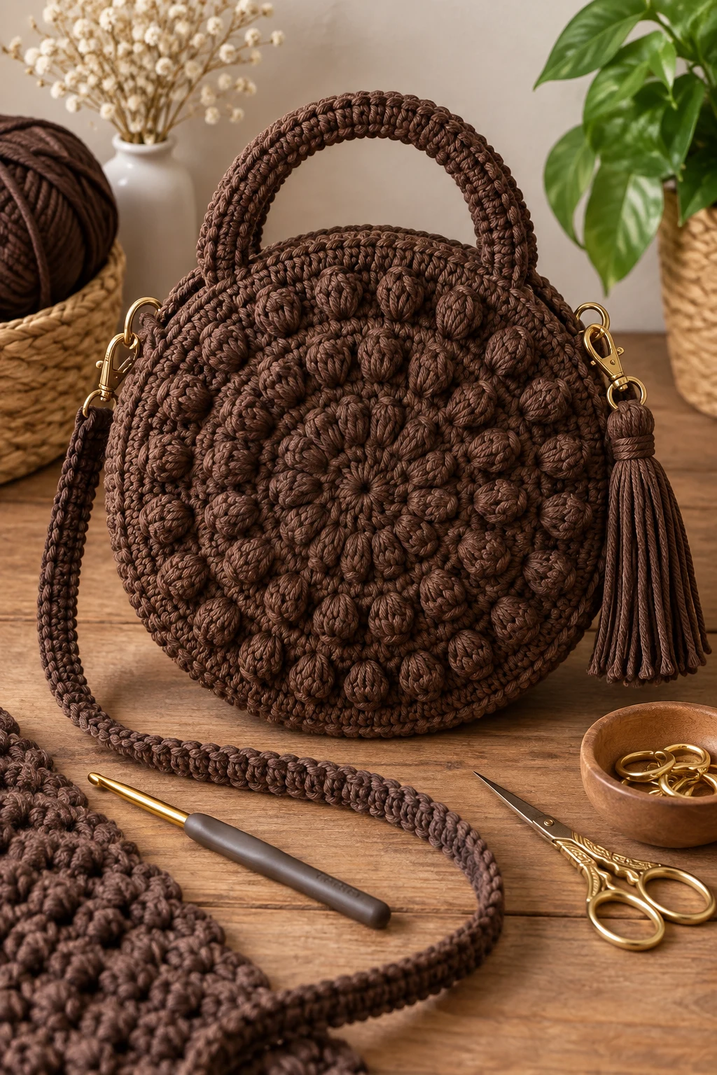 Textured Chocolate Brown Bag — crochet round bag style outfit