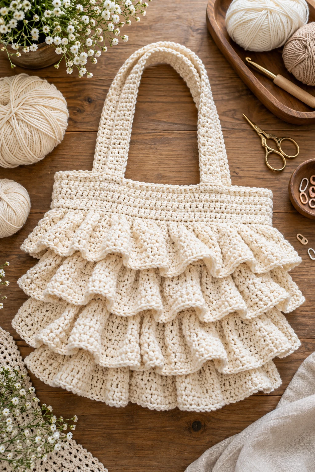 Classic Cream Ruffle Tote — crochet ruffle bag style outfit
