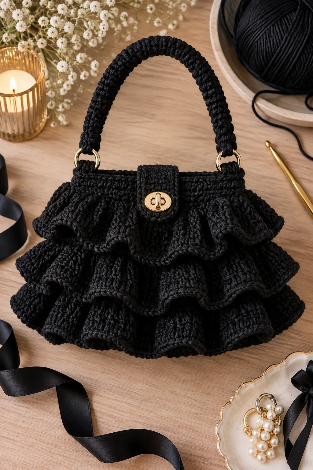 Black Evening Ruffle Purse — crochet ruffle bag style outfit