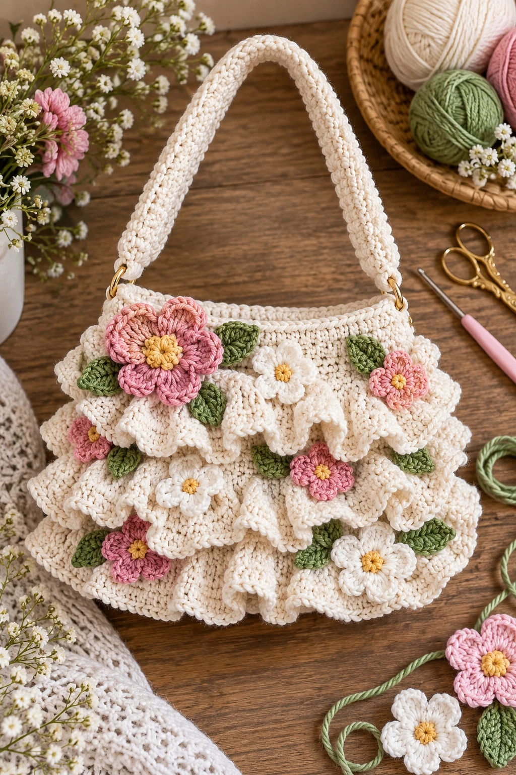 Floral Ruffle Crochet Purse — crochet ruffle bag style outfit