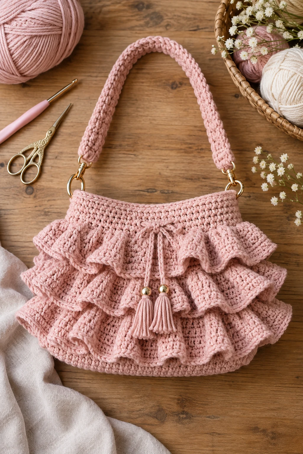 Blush Pink Crochet Ruffle Purse — crochet ruffle bag style outfit