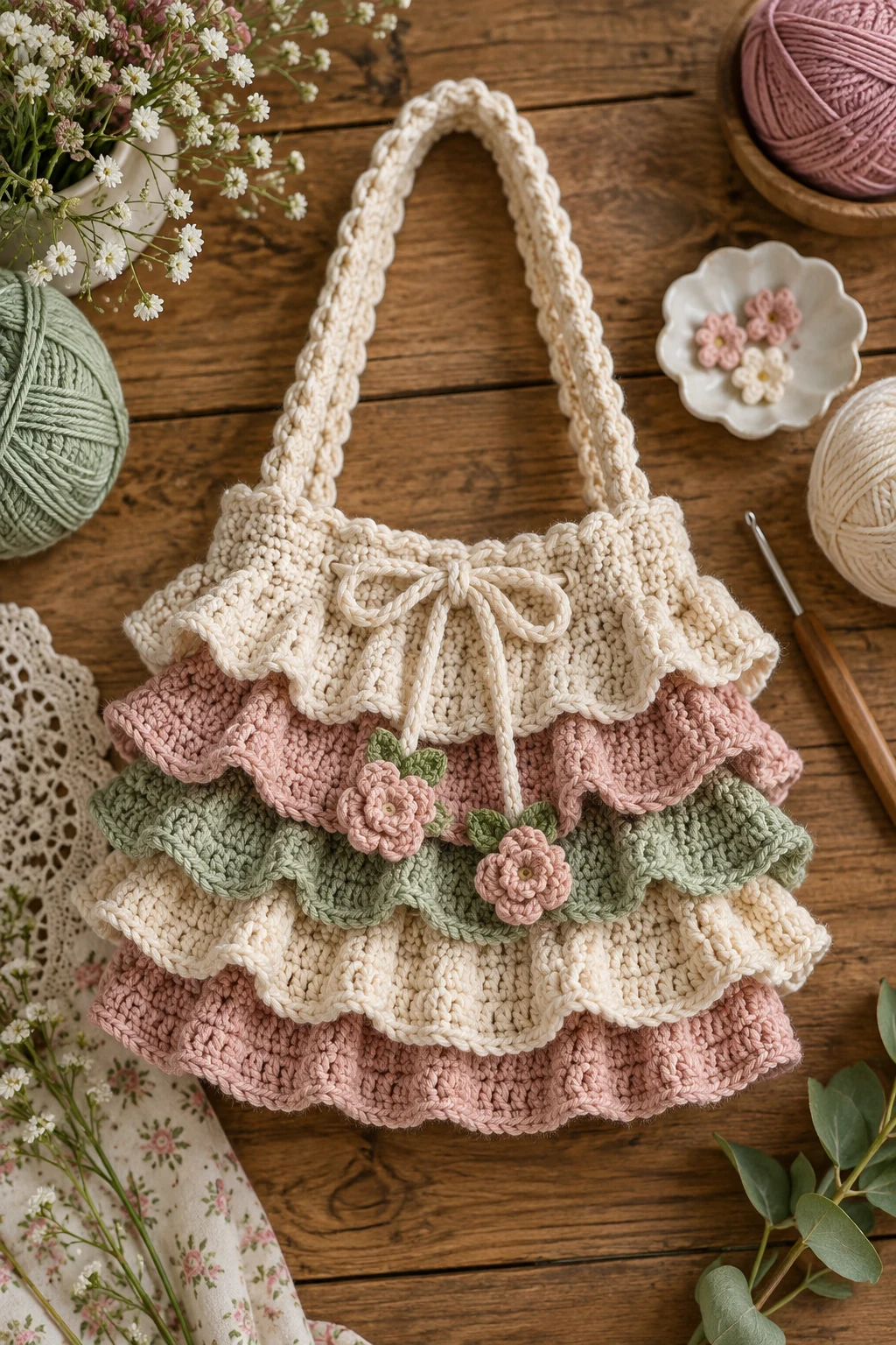 Layered Cottagecore Bag — crochet ruffle bag style outfit
