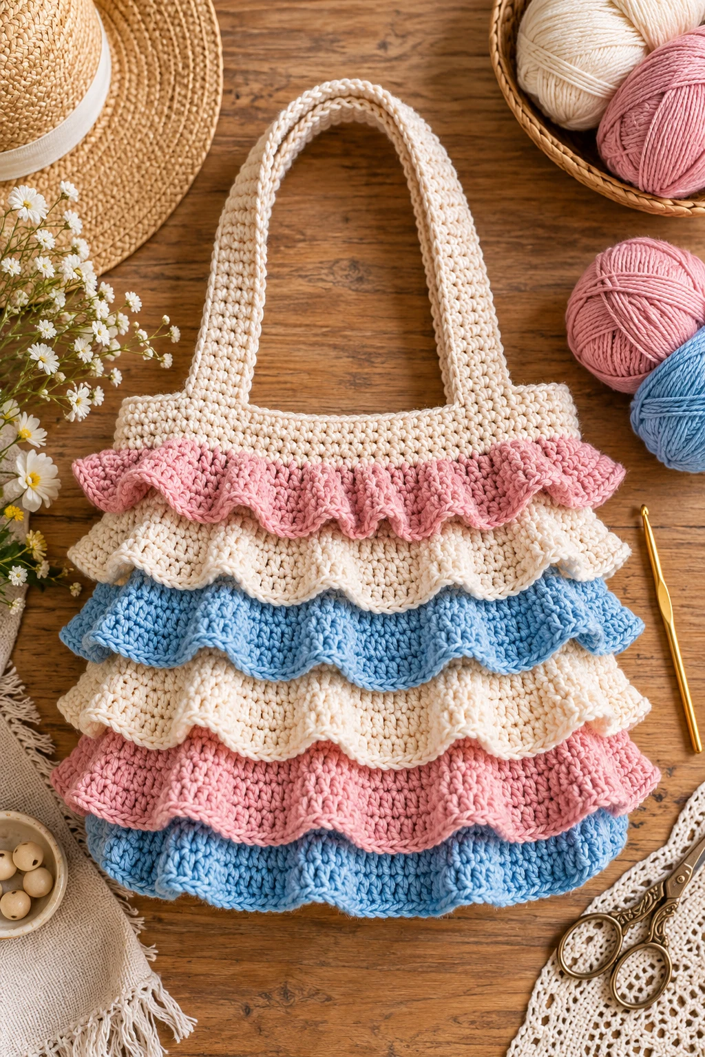 Striped Summer Ruffle Tote — crochet ruffle bag style outfit