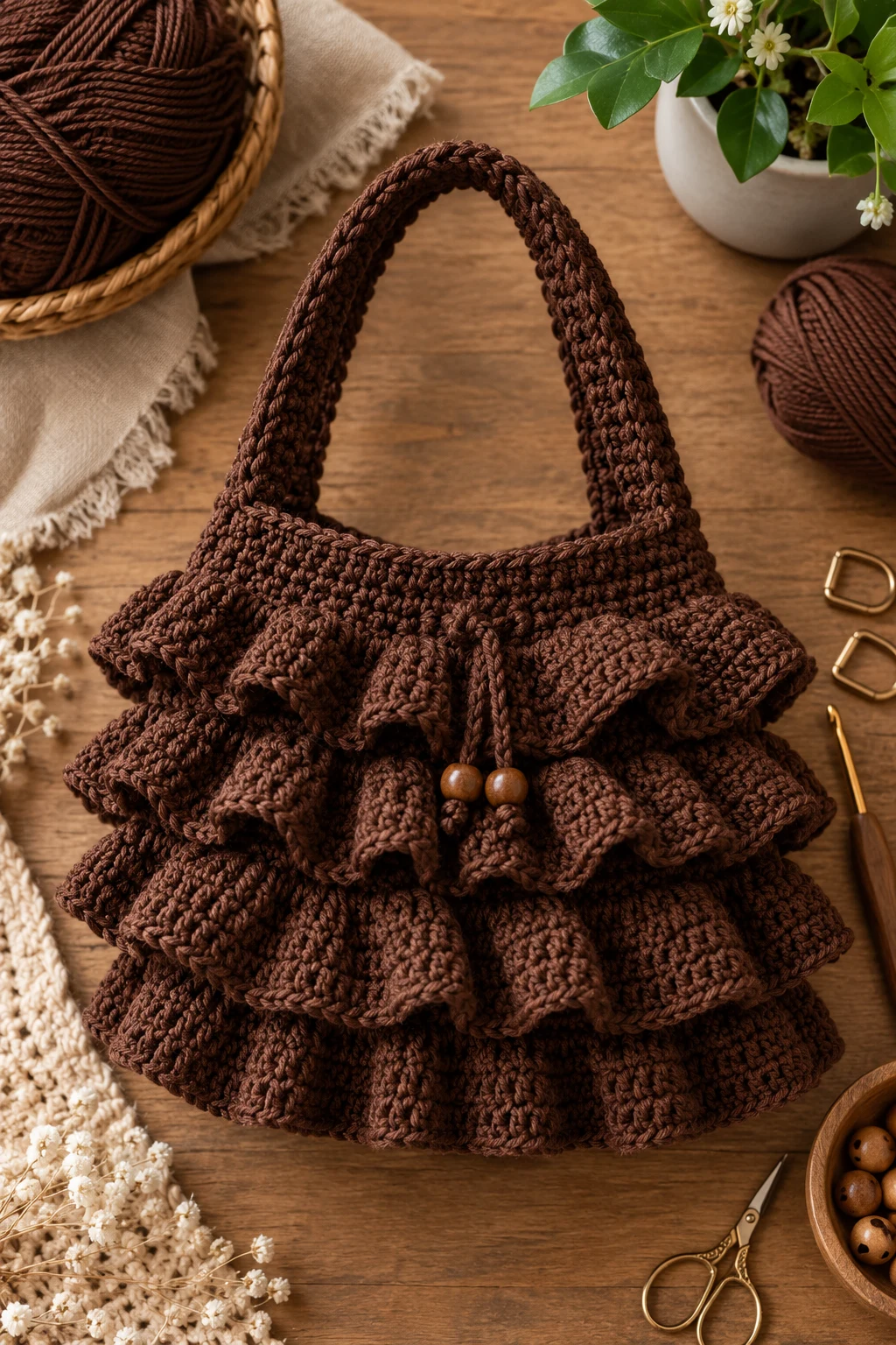 Chocolate Brown Crochet Ruffle Handbag — crochet ruffle bag style outfit