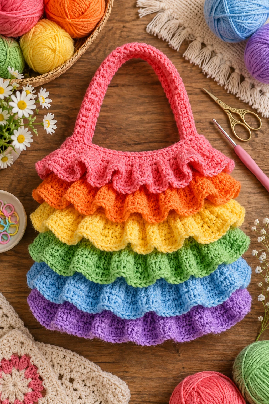 Rainbow Ruffle Granny Bag — crochet ruffle bag style outfit