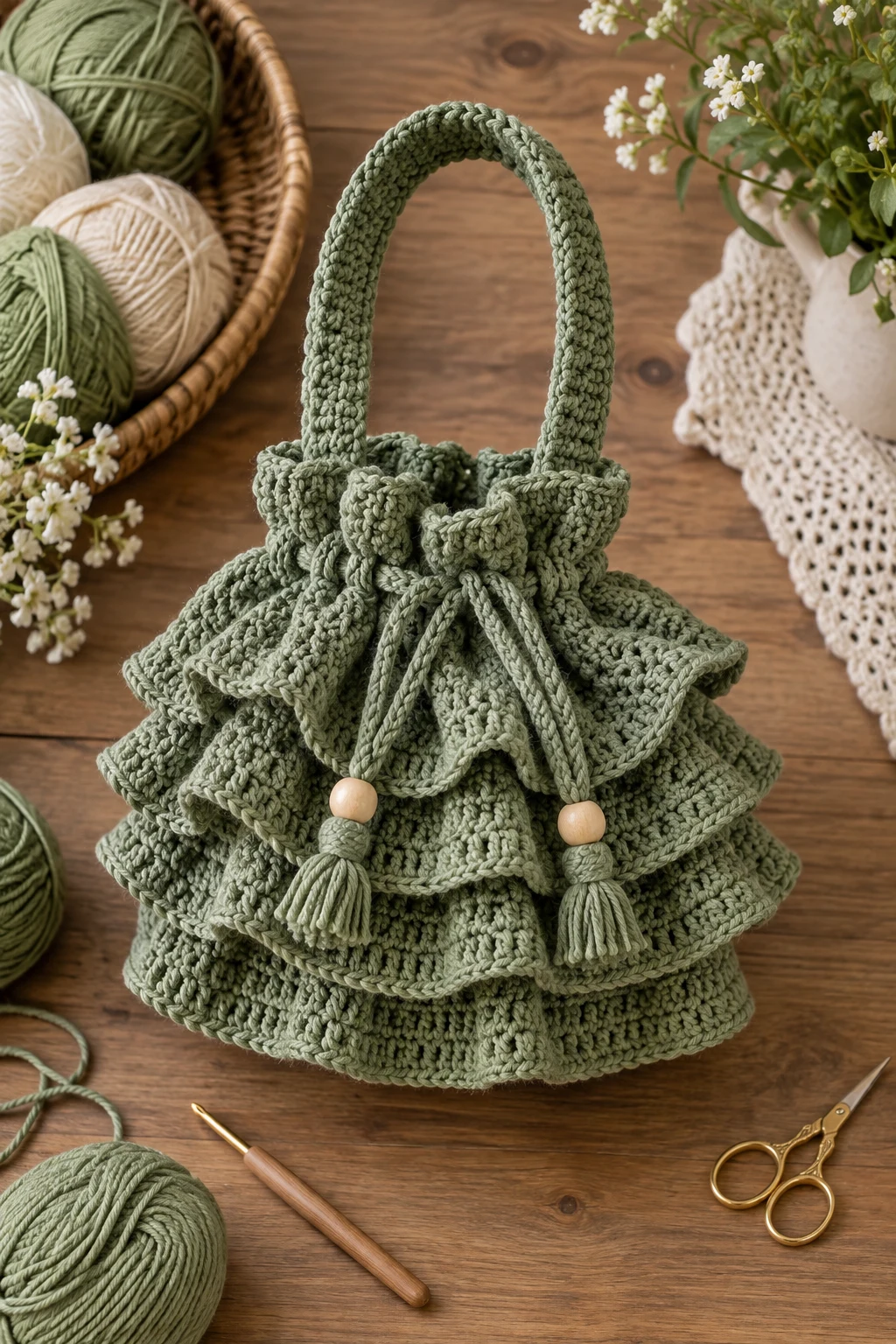 Sage Green Drawstring Ruffle Bag — crochet ruffle bag style outfit