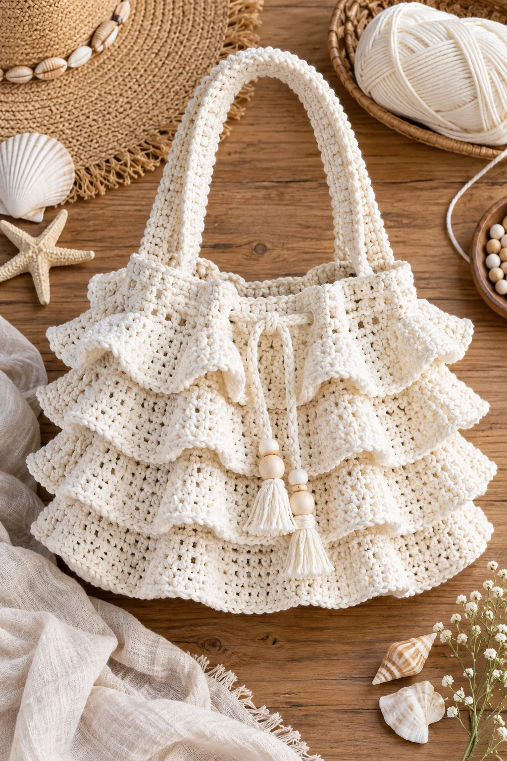 White Beach Ruffle Bag — crochet ruffle bag style outfit