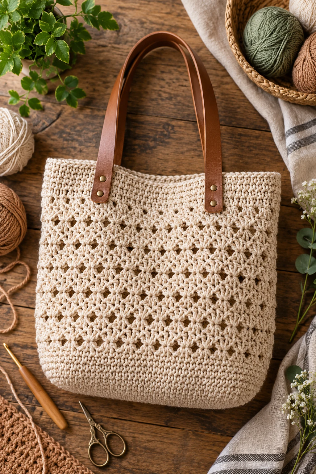 Crochet Shopping Bag With Leather Handles — crochet shopping bag style outfit