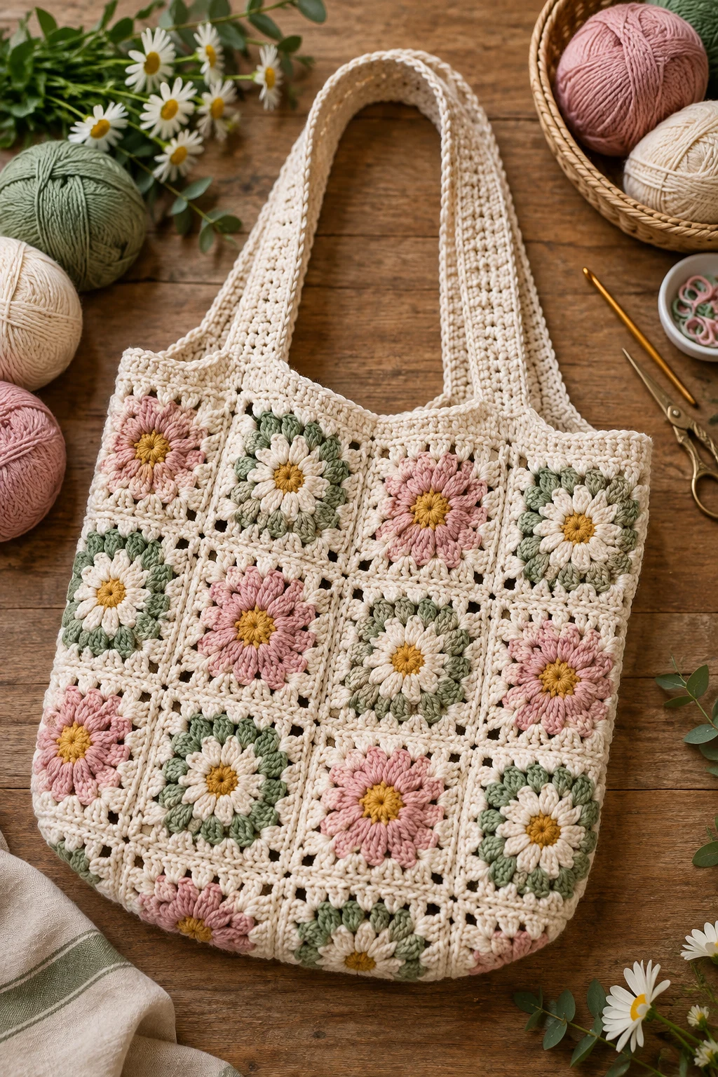 Floral Crochet Market Tote — crochet shopping bag style outfit
