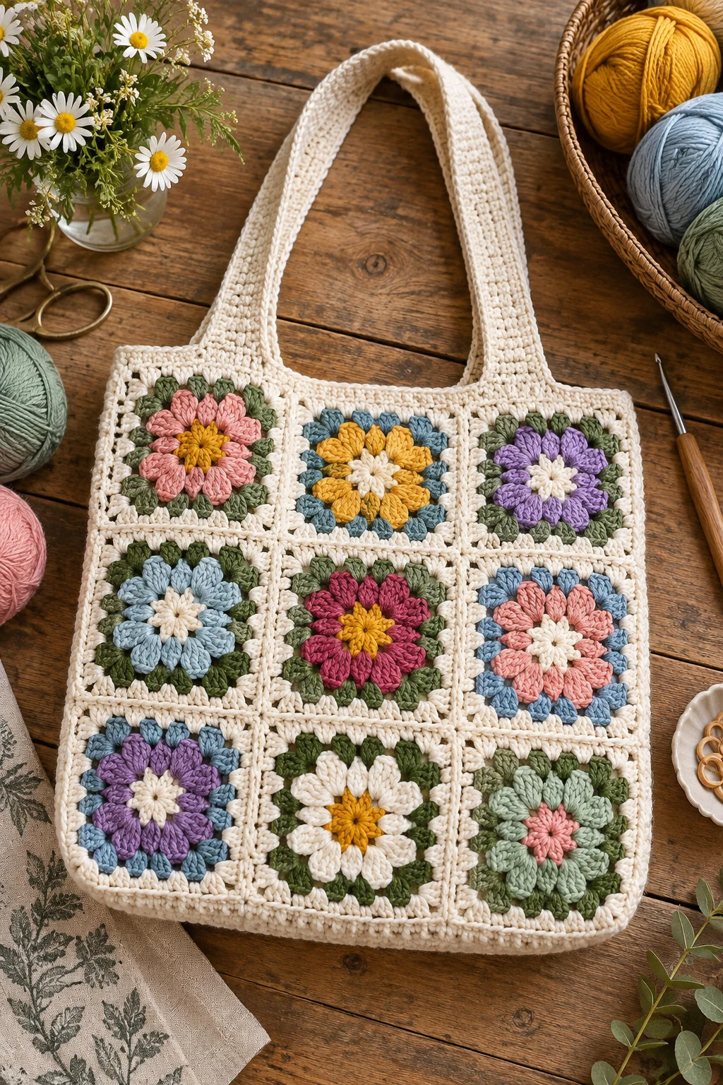 Granny Square Grocery Tote — crochet shopping bag style outfit