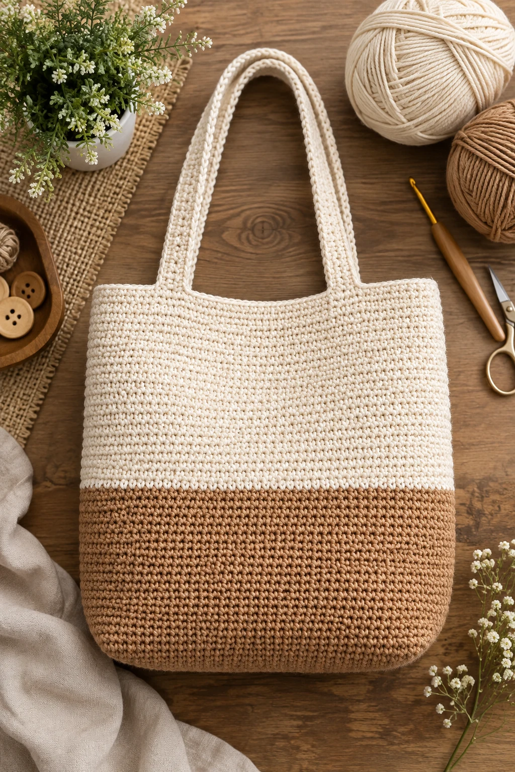 Two-Tone Minimalist Tote — crochet shopping bag style outfit