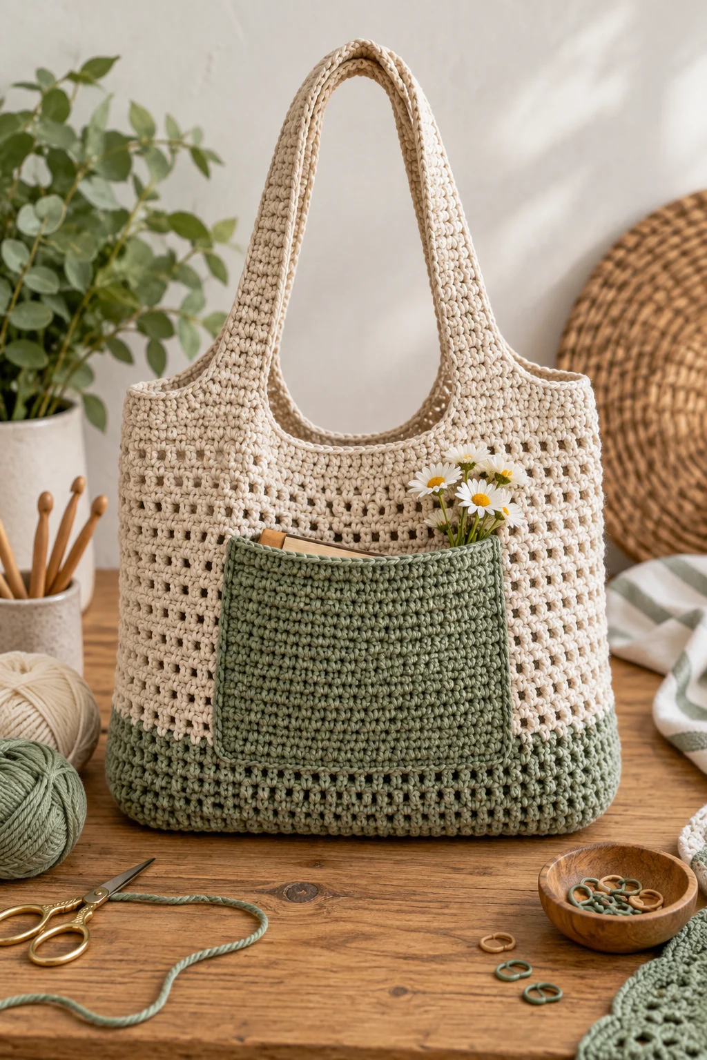 Crochet Shopping Bag With Pocket — crochet shopping bag style outfit