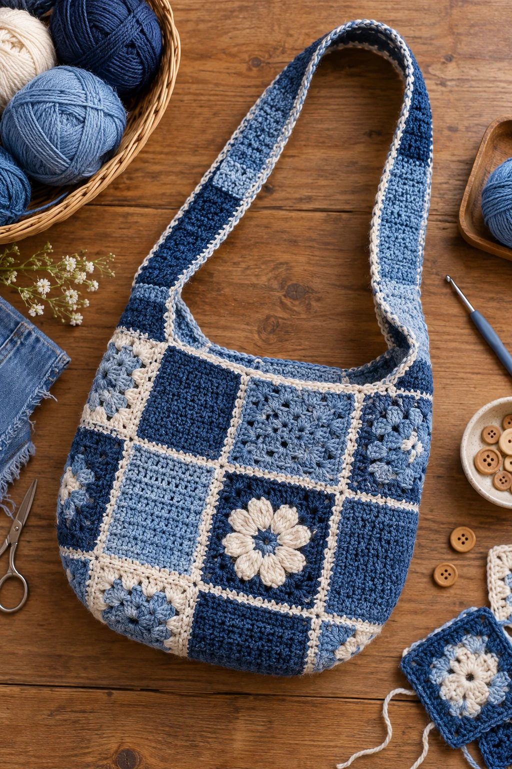 Patchwork Denim-Blue Bag — crochet side bag style outfit