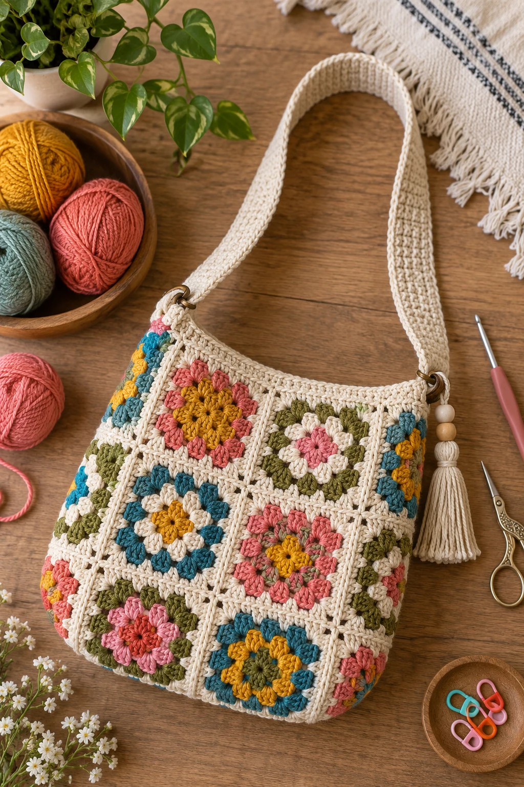 Granny Square Color Pop Bag — crochet side bag style outfit