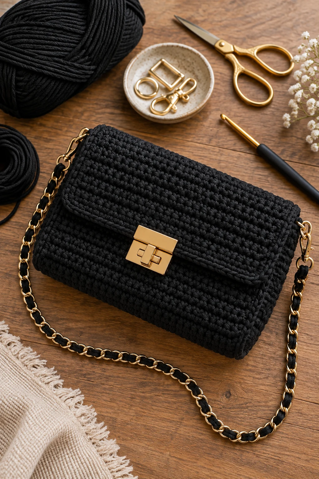 Structured Black Evening Bag — crochet side bag style outfit