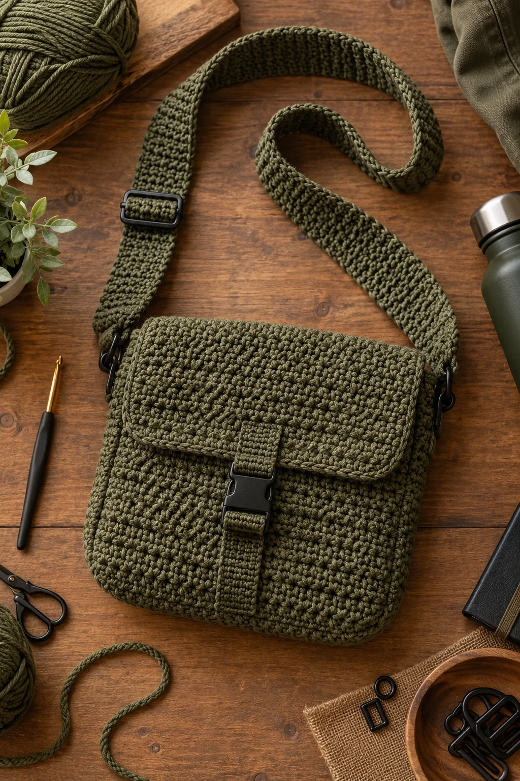 Masculine Olive Crochet Side Bag for Men — crochet side bag style outfit