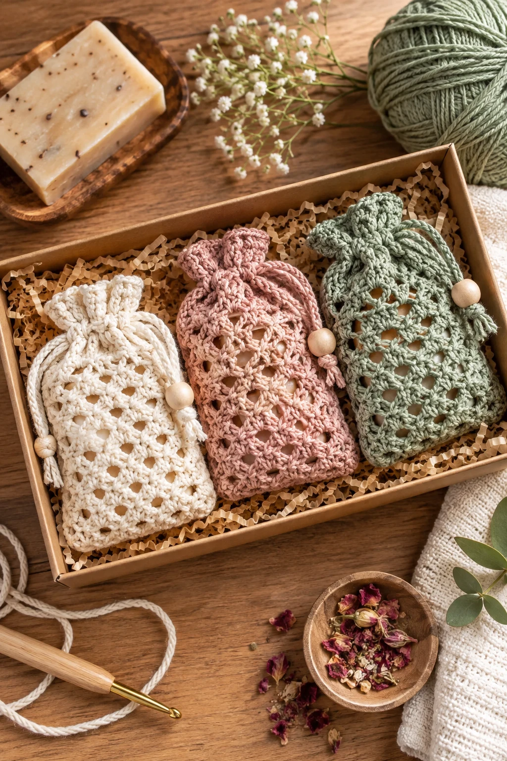 Lacy Soap Pouch Gift Set — crochet soap bag free pattern style outfit