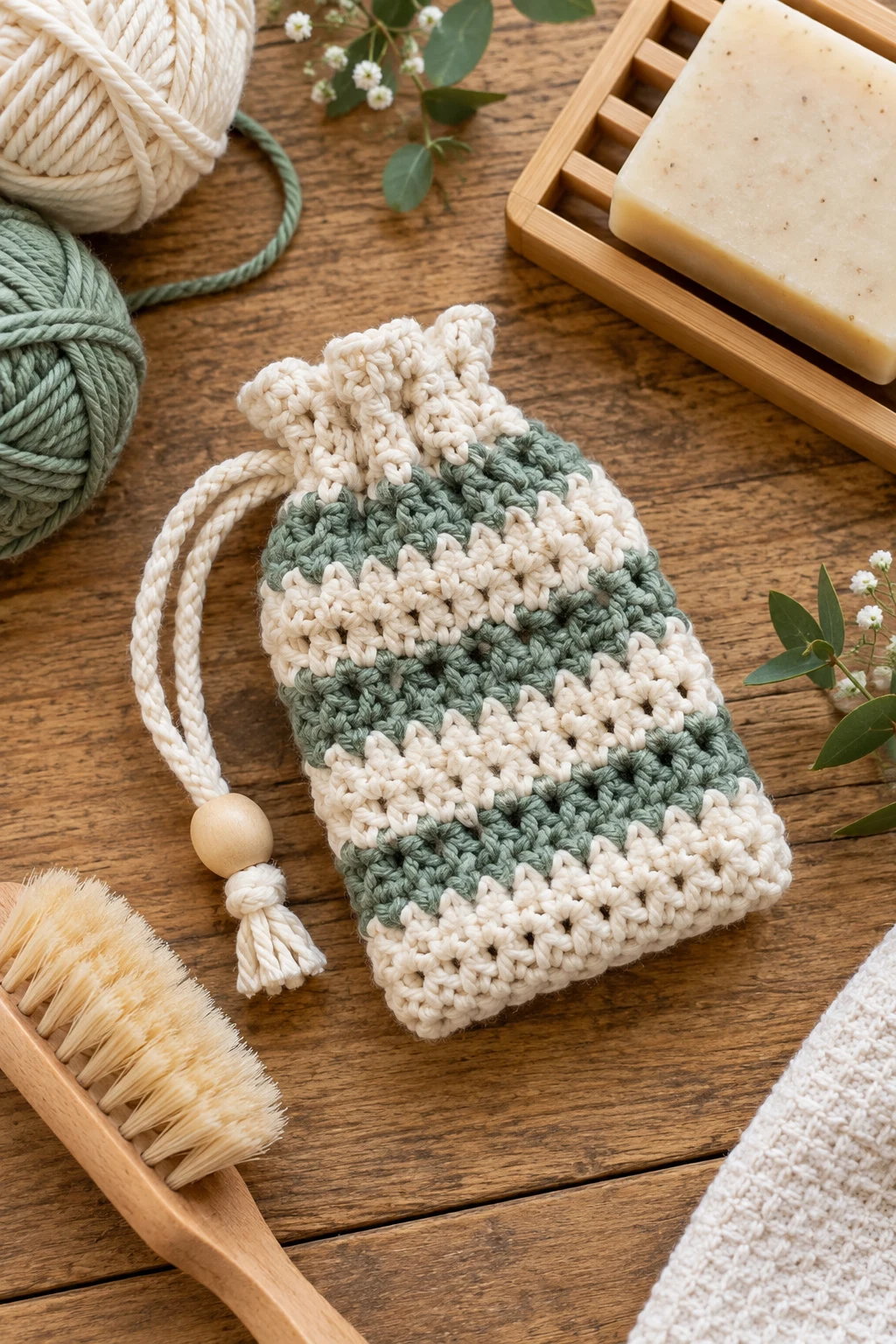 Striped Weekend Soap Pouch — crochet soap bag free pattern style outfit