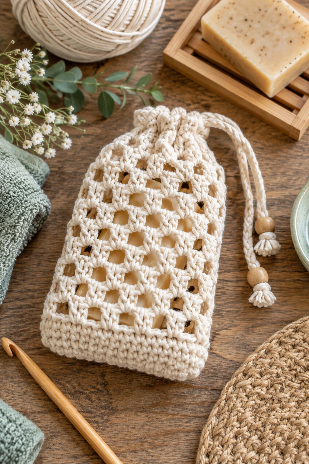 Meshy Summer Soap Sack — crochet soap bag free pattern style outfit