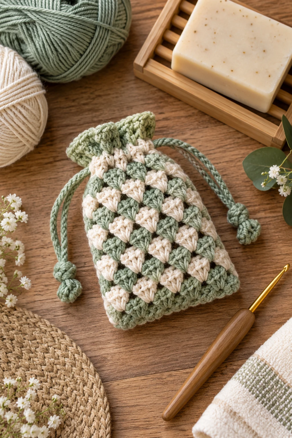Granny Stitch Soap Saver — crochet soap bag free pattern style outfit