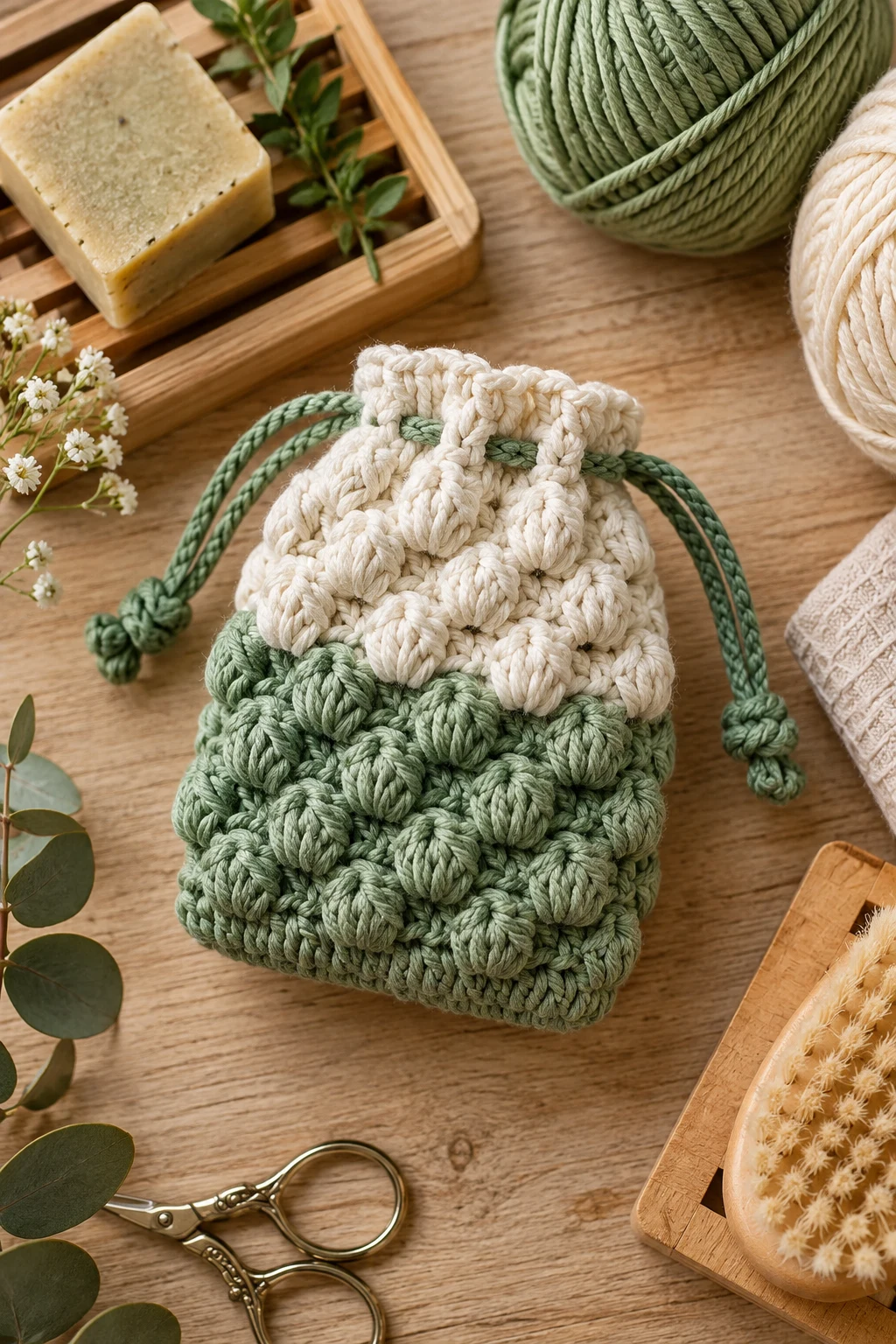Two-Tone Bubble Stitch Pouch — crochet soap bag free pattern style outfit