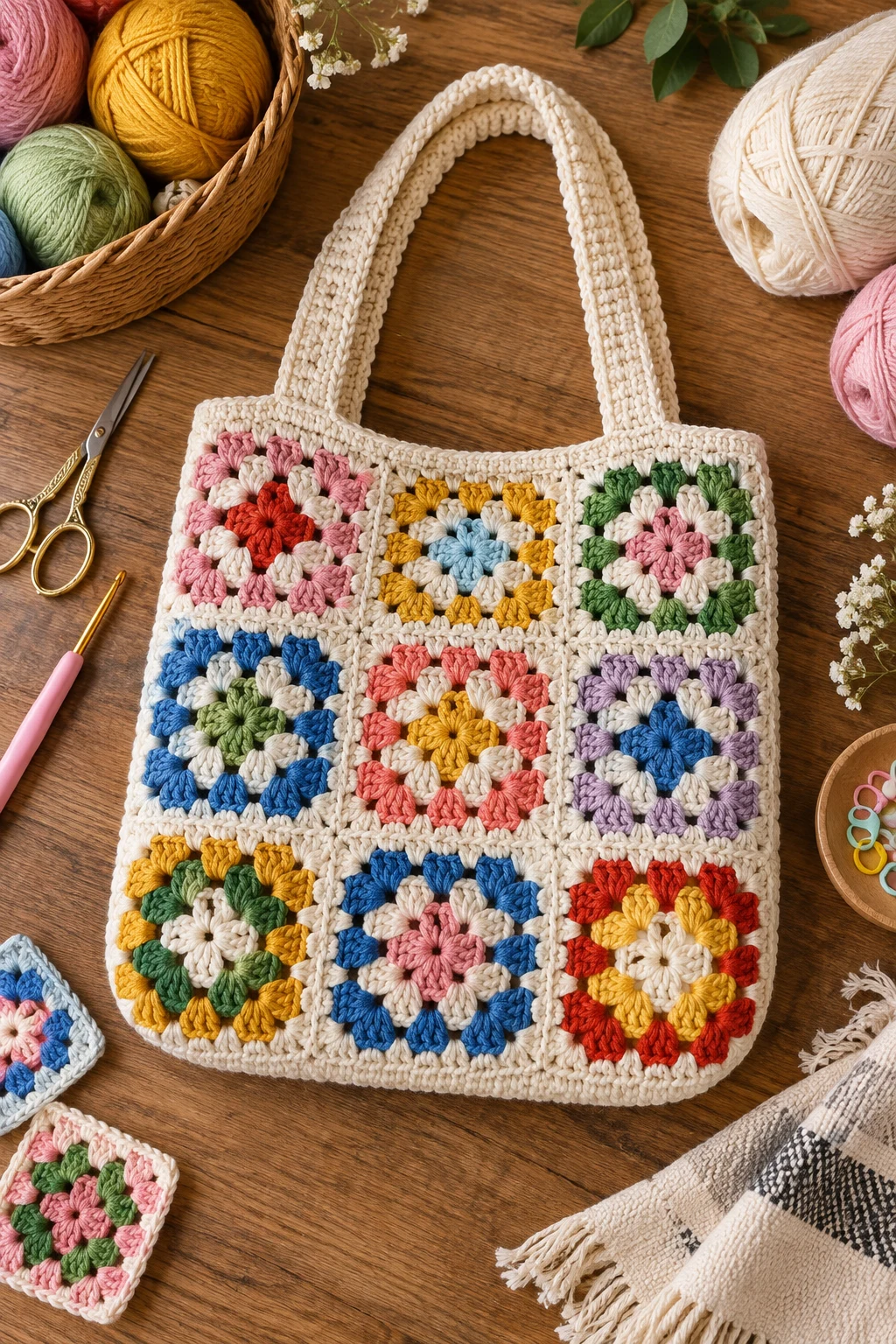 Colorful Granny Square Bag — crochet square bag style outfit
