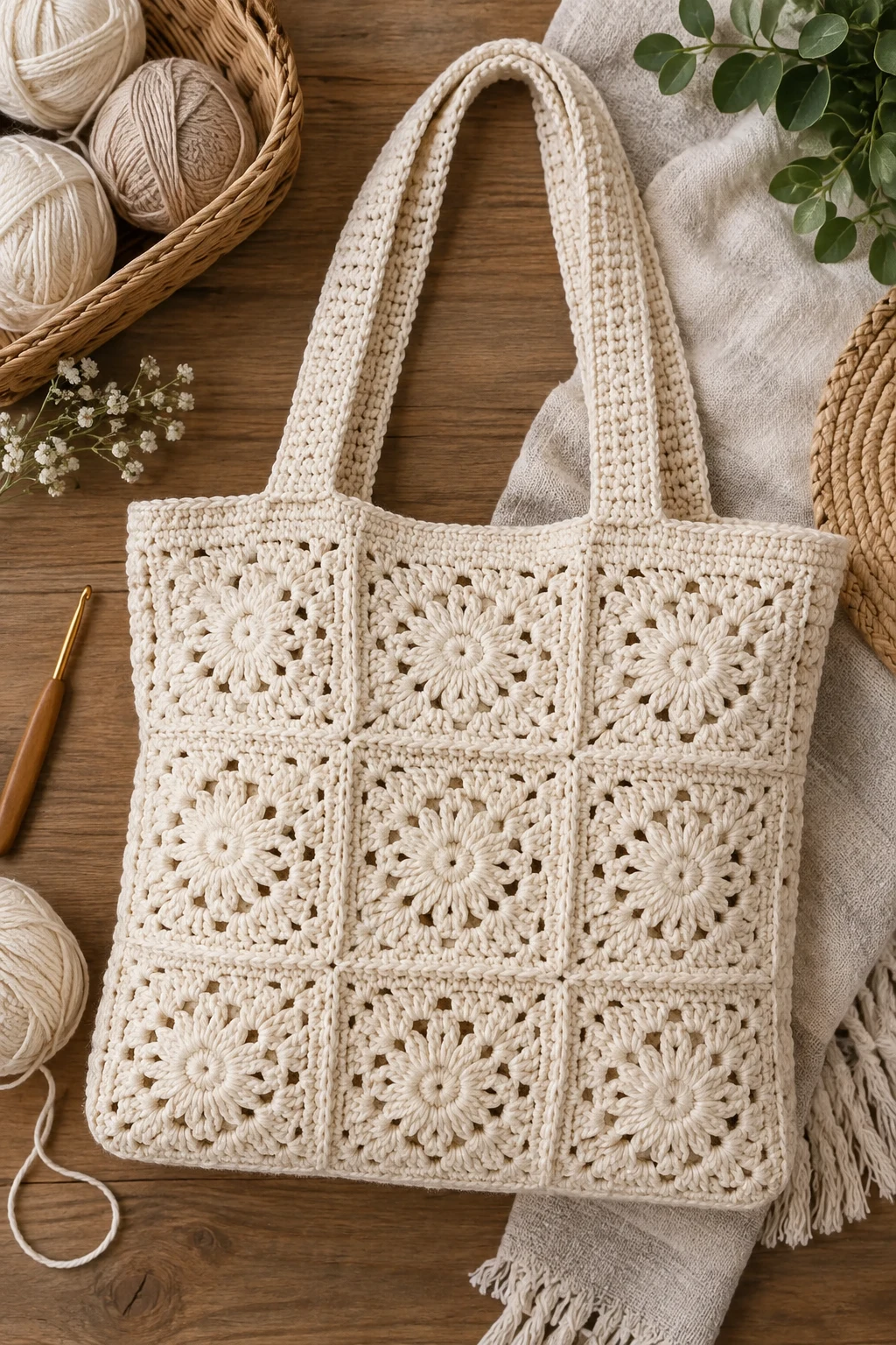 Minimalist Cream Market Tote — crochet square bag style outfit