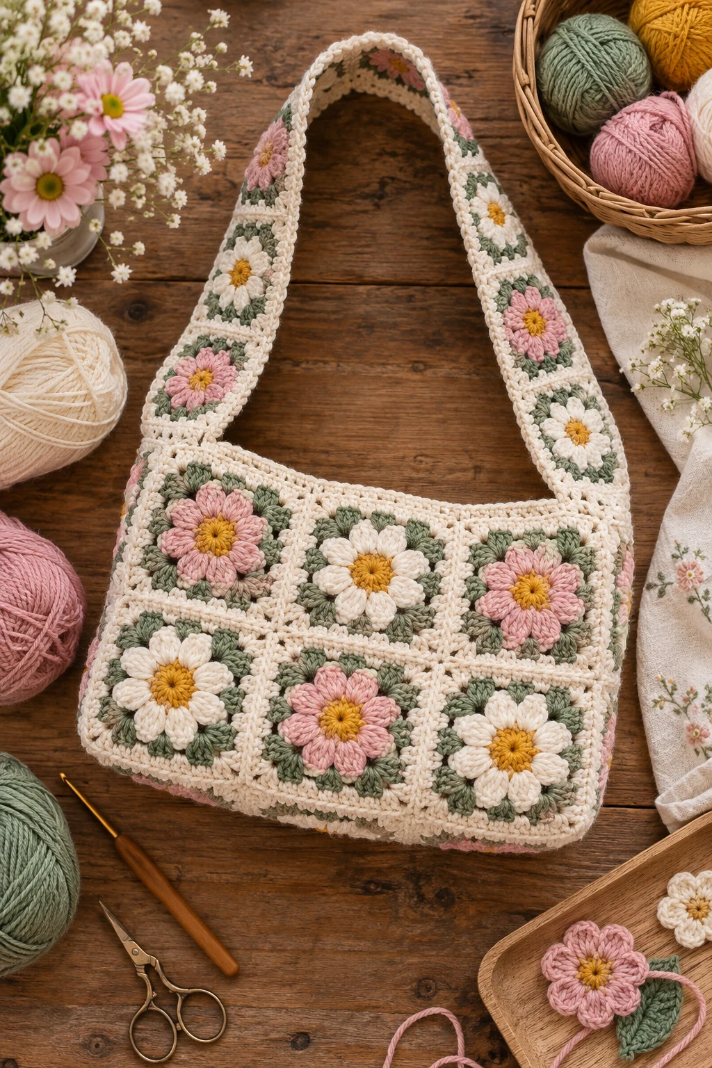 Floral Granny Square Shoulder Bag — crochet square bag style outfit