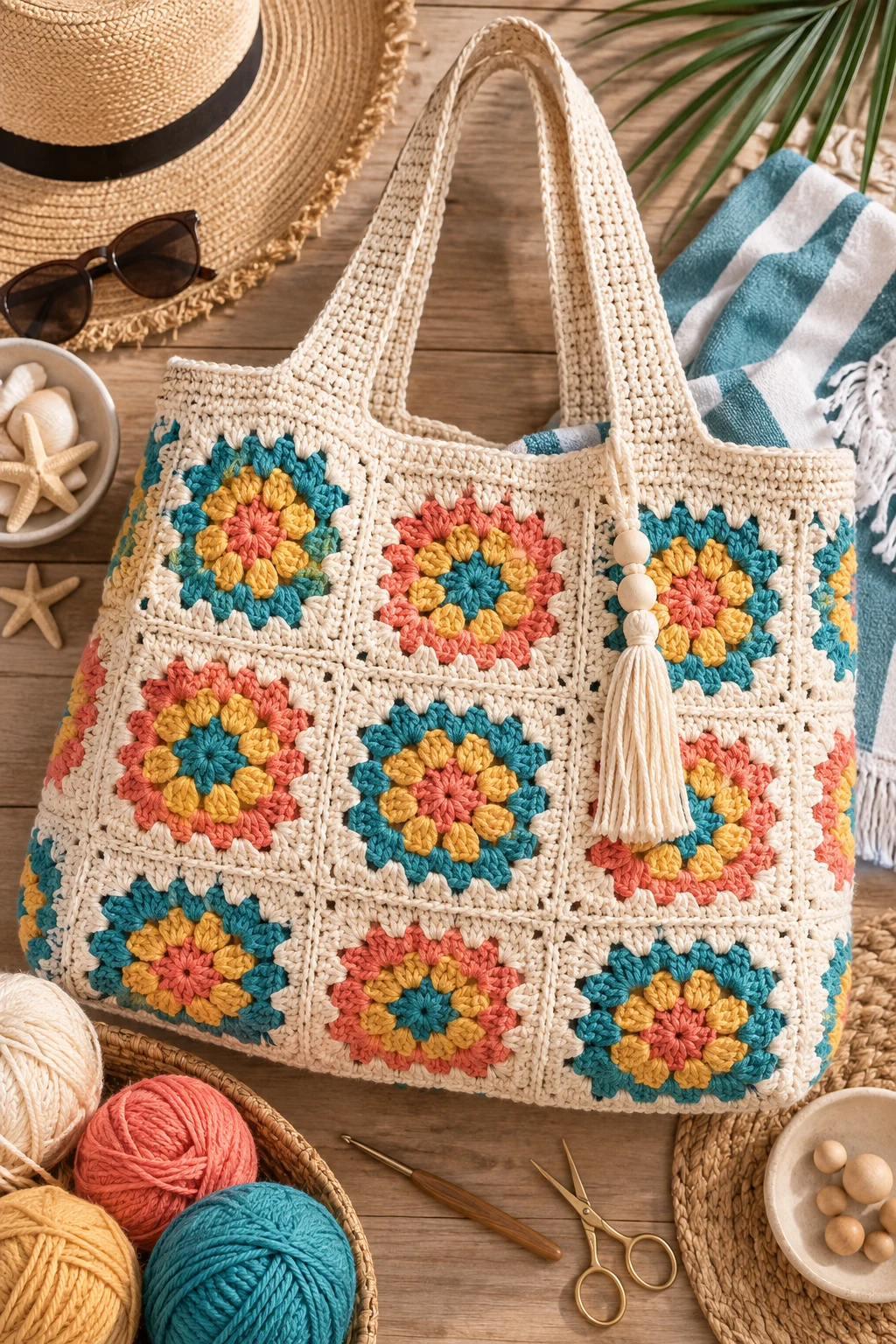 Oversized Crochet Square Beach Bag — crochet square bag style outfit