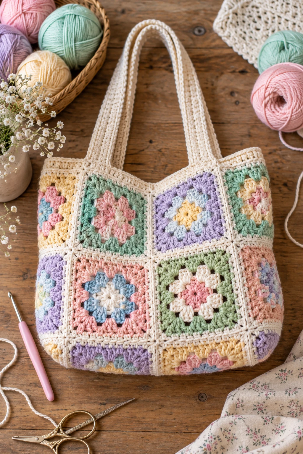 Pastel Patchwork Bag — crochet square bag style outfit