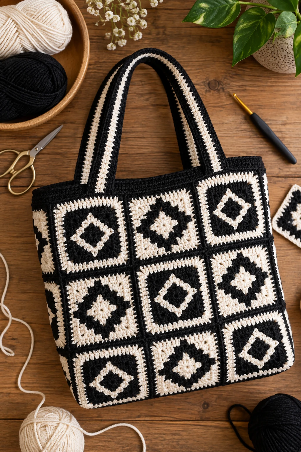 Black-and-White Geometric Bag — crochet square bag style outfit