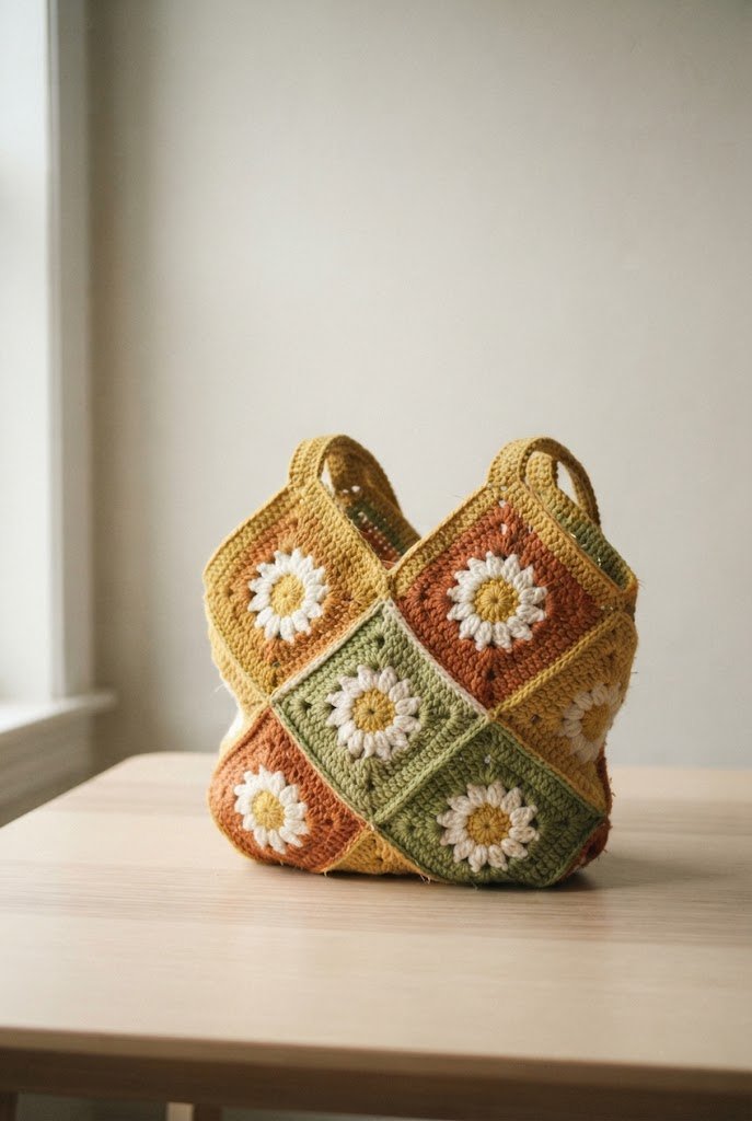 Retro 70s Daisy Motif Built on a Crochet Star Bag Pattern — Crochet Star Bag Pattern style outfit