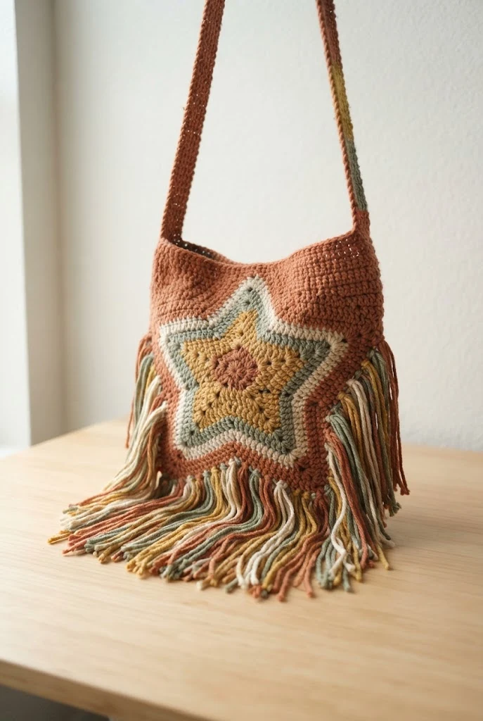 Boho Fringe Crossbody Featuring a Modern Crochet Star Bag Pattern — Crochet Star Bag Pattern style outfit
