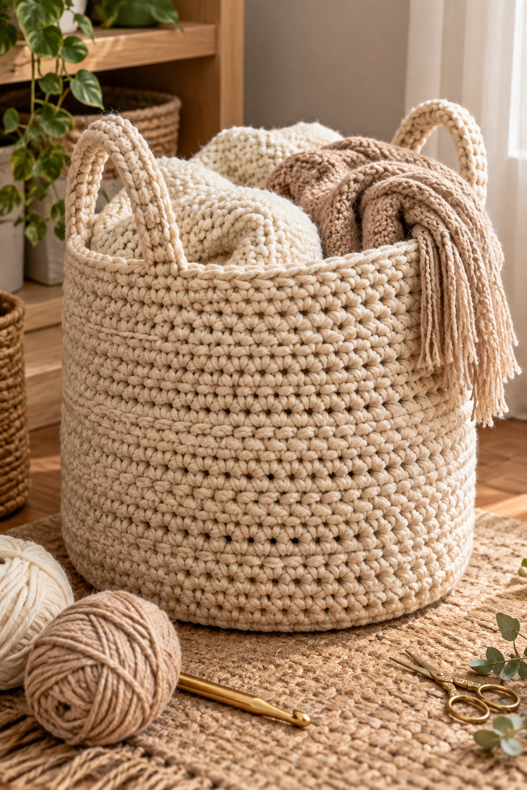 Chunky Neutral Blanket Bag — crochet storage bag style outfit