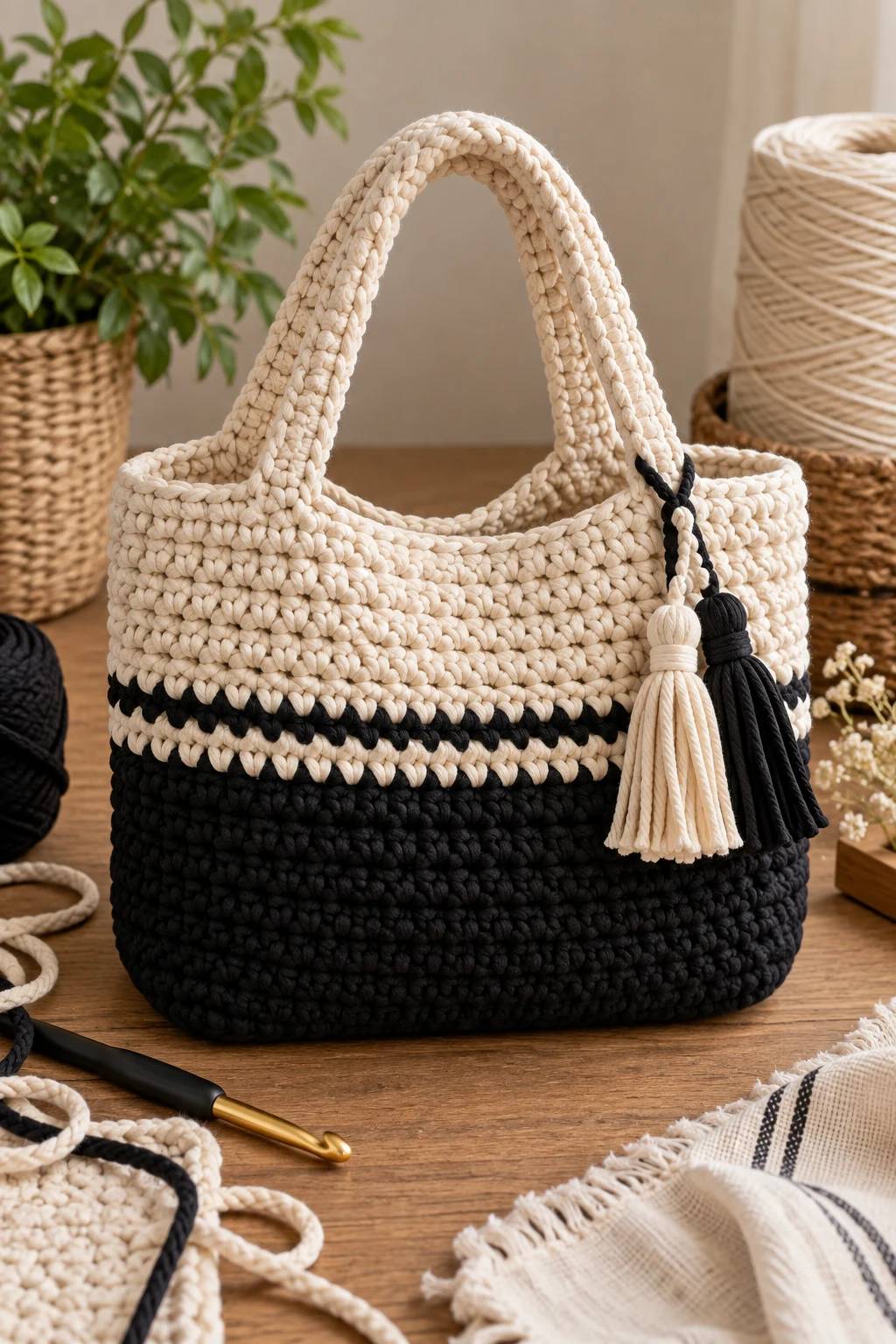 Minimalist Black-and-Cream Bag — crochet storage bag style outfit
