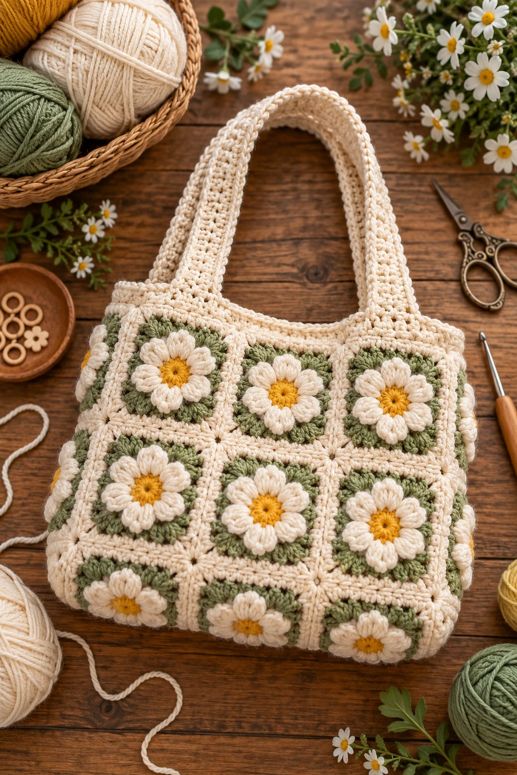 Flower-Motif Crochet Bag — crochet storage bag style outfit