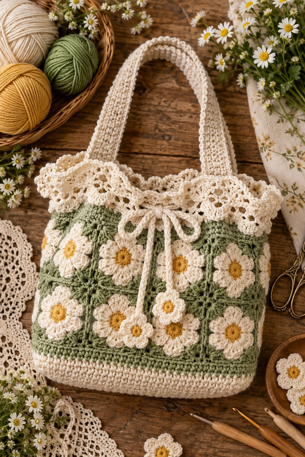 Cottagecore Lace-Edge Bag — crochet storage bag style outfit