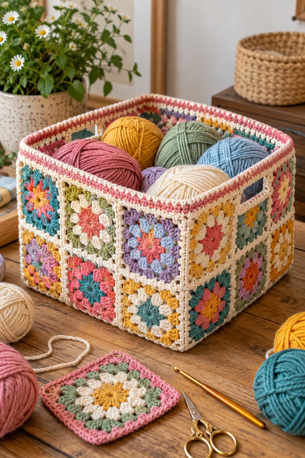 Colorful Granny Square Organizer — crochet storage bag style outfit