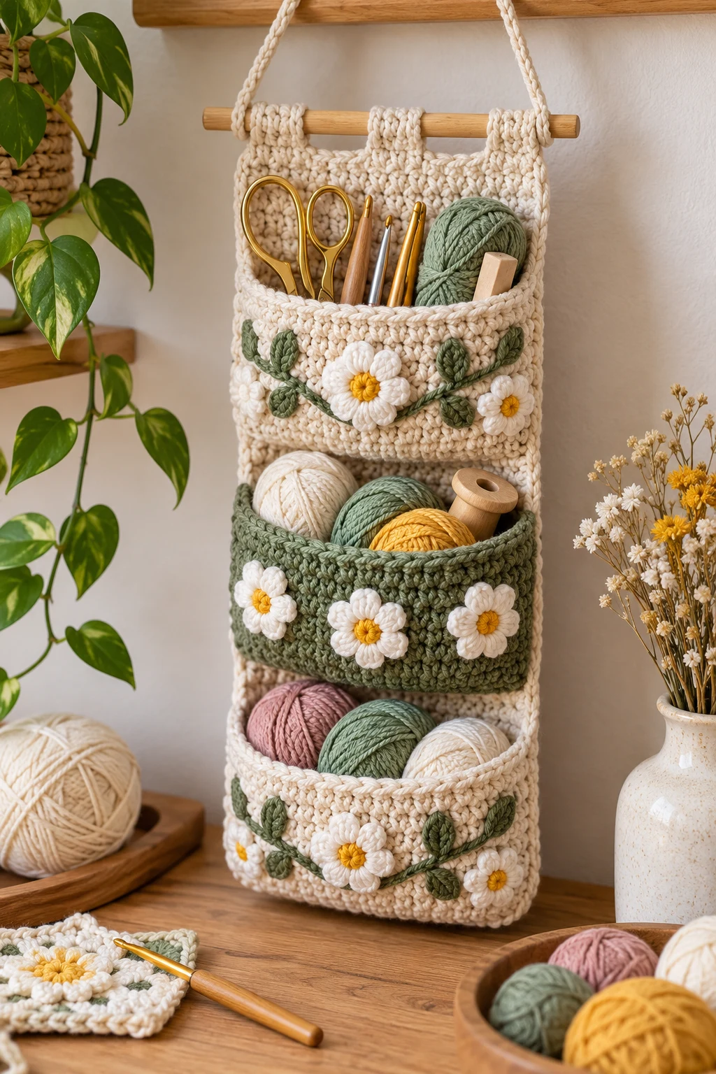 Hanging Crochet Craft Pouch — crochet storage bag style outfit