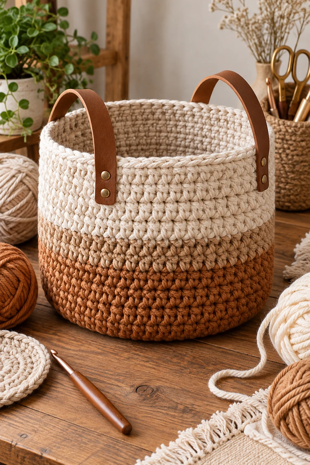Crochet Storage Bag With Leather-Style Handles — crochet storage bag style outfit