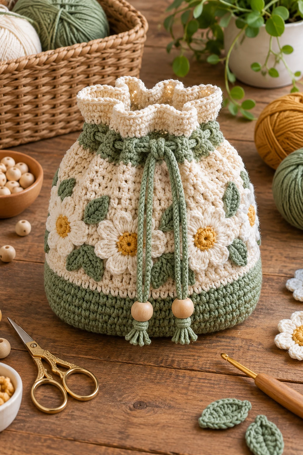Drawstring Crochet Storage Bag — crochet storage bag style outfit