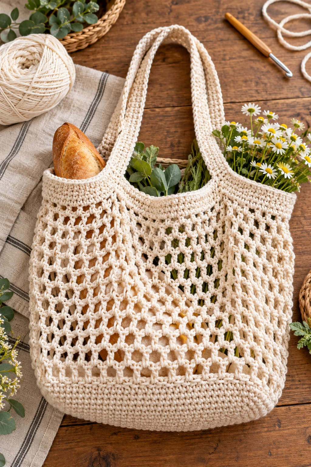 Farmhouse Cotton Market Bag — crochet storage bag style outfit
