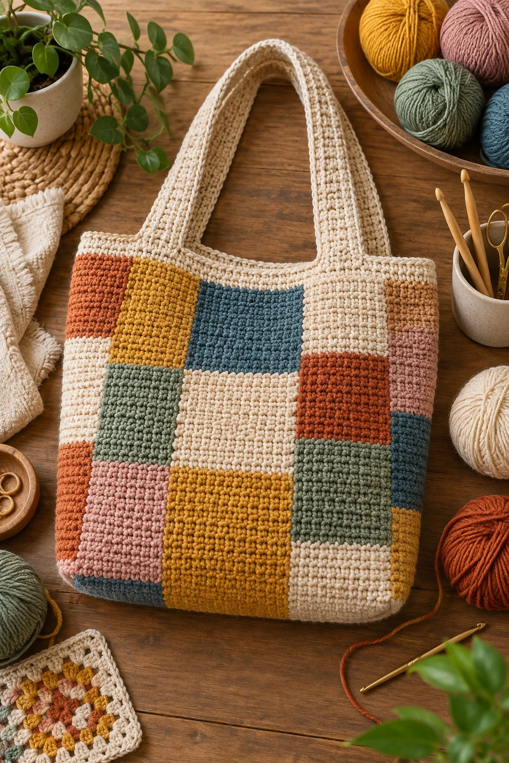 Patchwork-Inspired Color Block Bag — crochet tapestry bag style outfit
