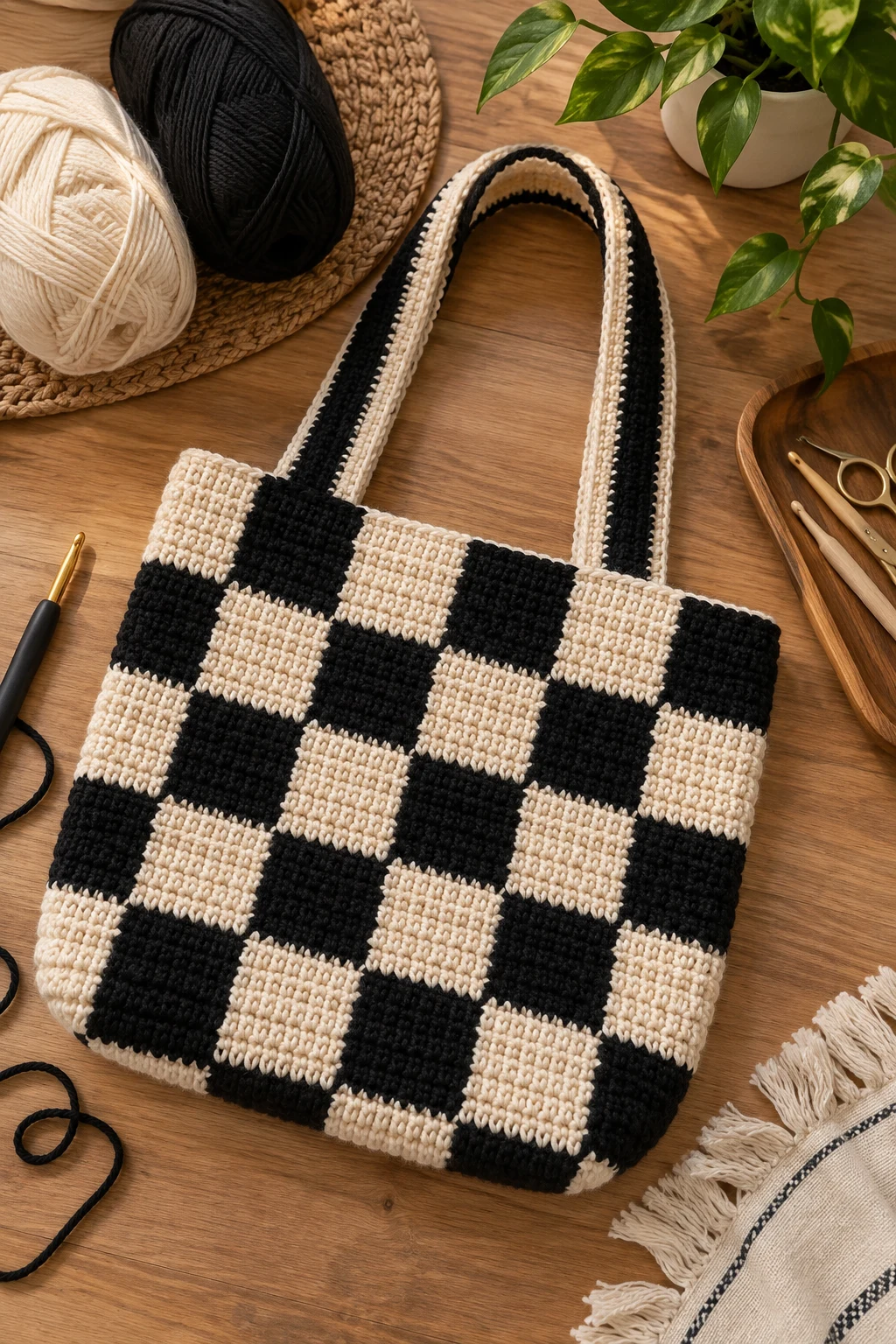 Black-and-Cream Checkerboard Tote — crochet tapestry bag style outfit